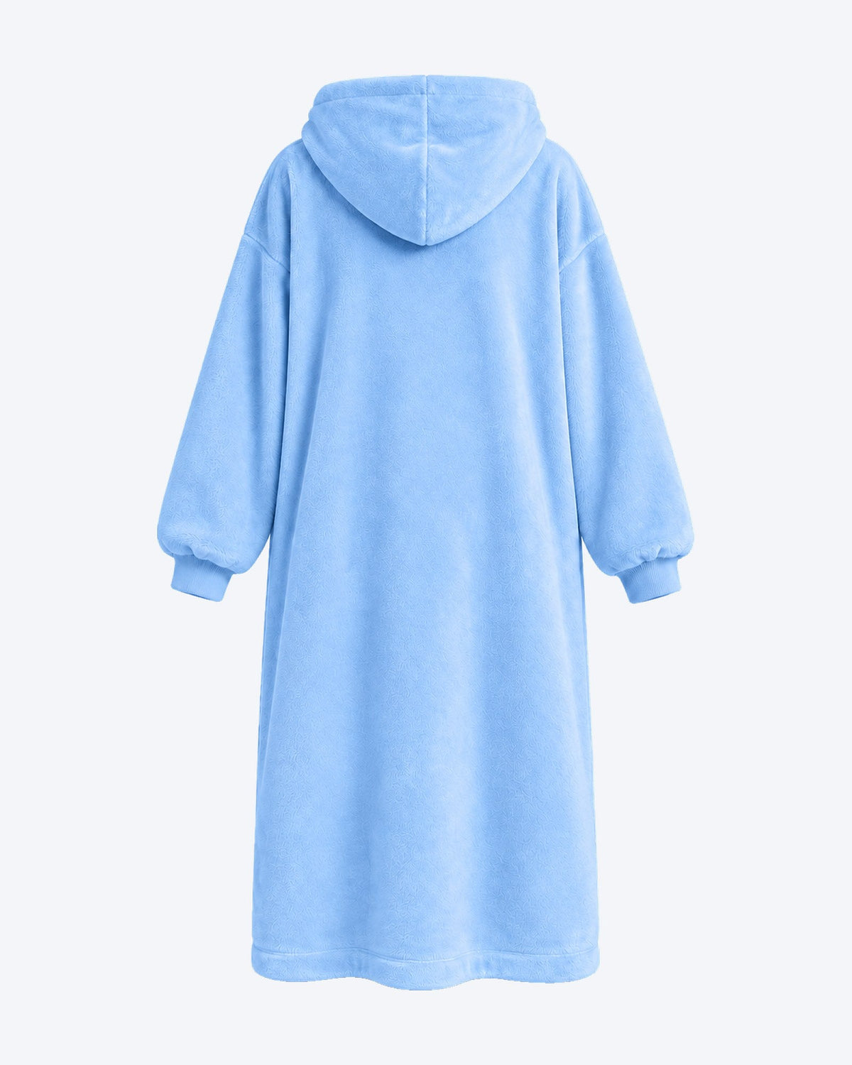 Açık Mavi renkli Hugglee Battaniye Hoodie arkadan görünüm; büyük kapüşon ve düz, geniş kesim