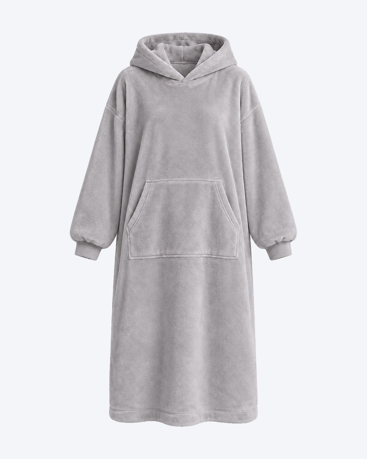 Gri renkli Hugglee Battaniye Hoodie önden görünüm; büyük kapüşon, kanguru cep ve ribanalı kol ağızları, açık zemin üzerinde