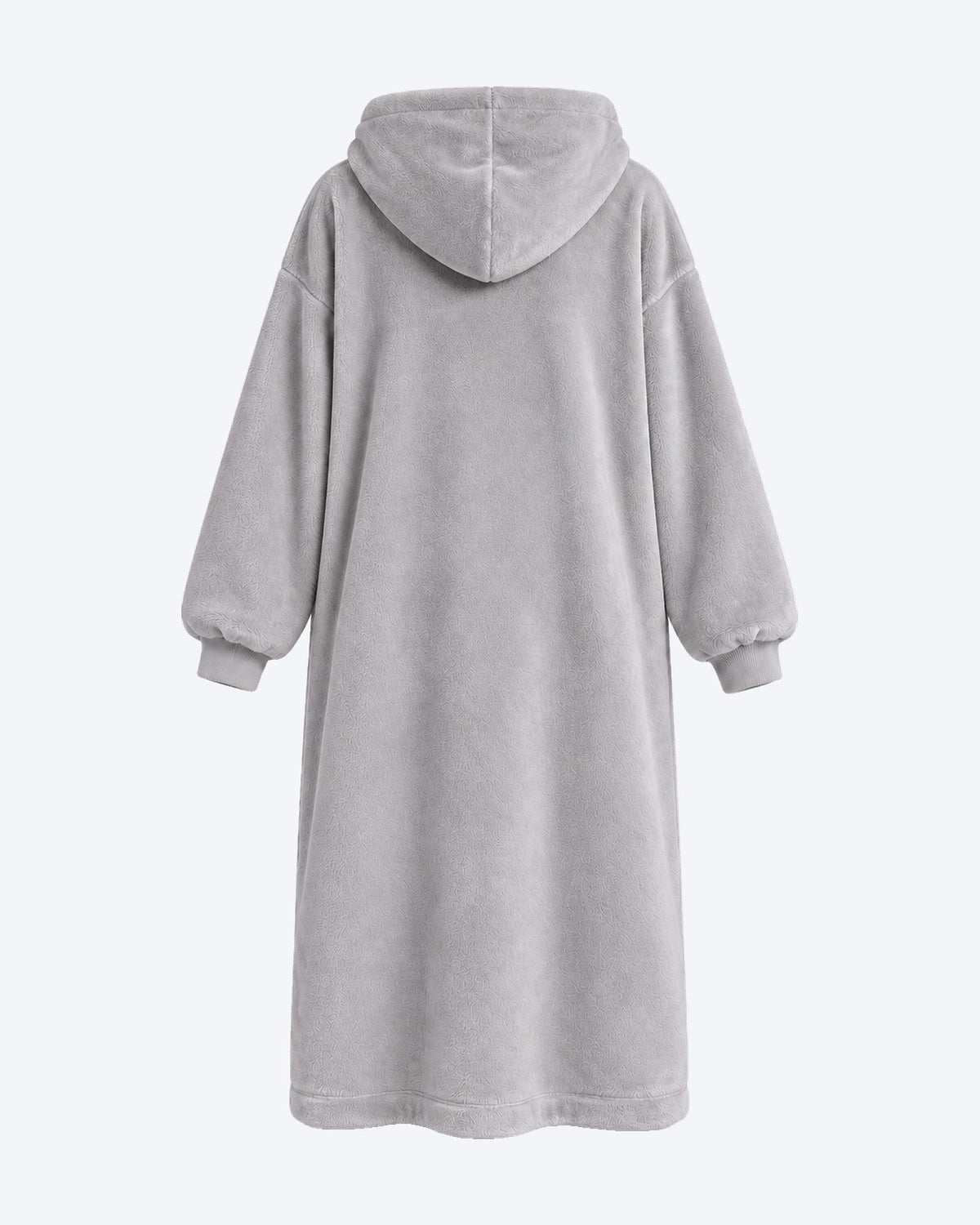 Gri renkli Hugglee Battaniye Hoodie arkadan görünüm; büyük kapüşon ve düz, geniş kesim