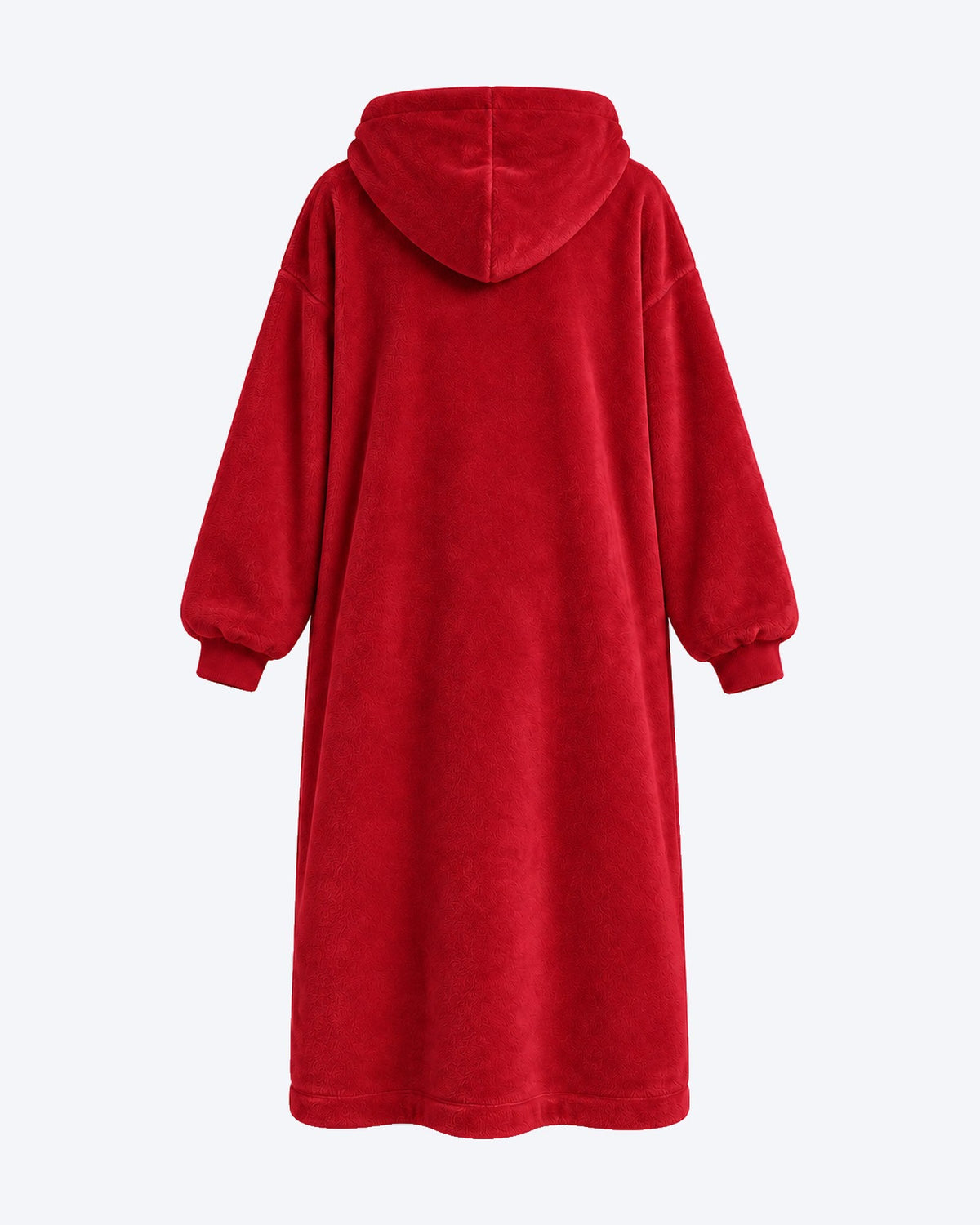 Kırmızı renkli Hugglee Battaniye Hoodie arkadan görünüm; büyük kapüşon ve düz, geniş kesim