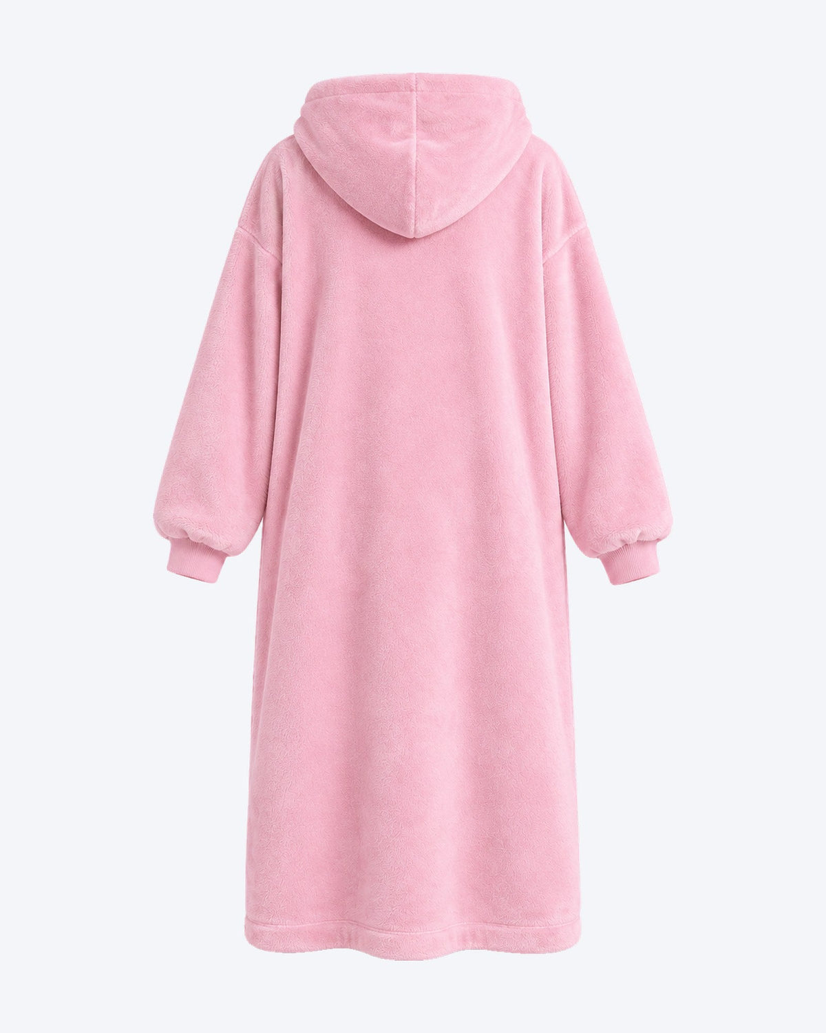 Pembe renkli Hugglee Battaniye Hoodie arkadan görünüm; büyük kapüşon ve düz, geniş kesim